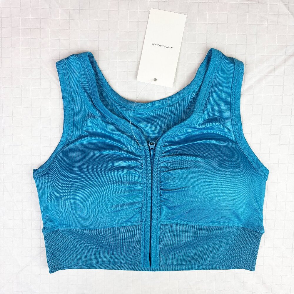 AspIresolar Women's Front Zip Up Blue Sports Bra. Size M. New with tags